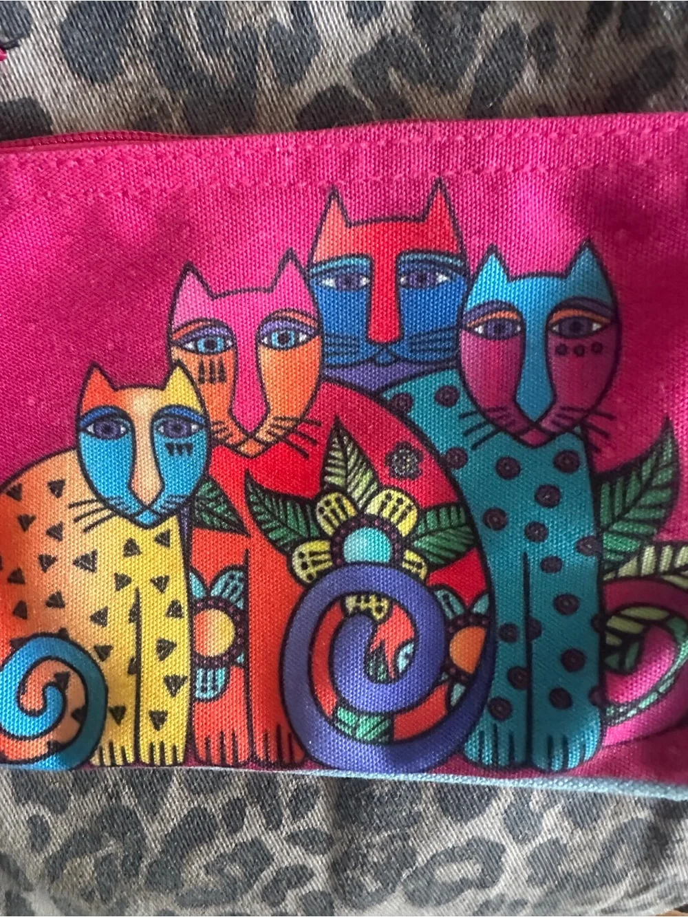 Vintage Laurel Burch Colorful Cat Canvas Cosmetic Pouch Makeup Bag